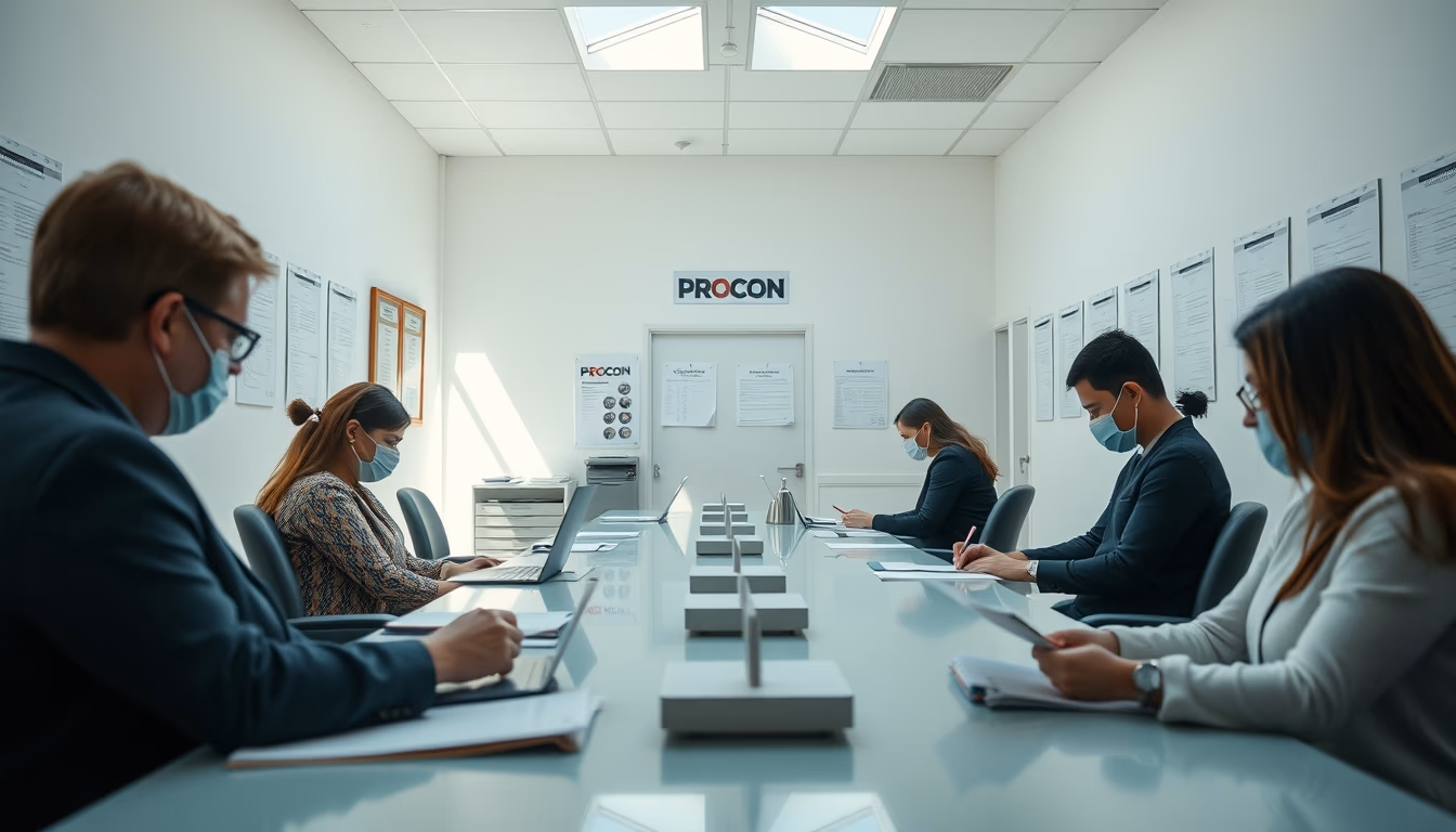 consumer protection office with citizens filing complaints in editorial style