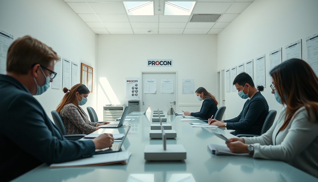 Procon office with citizens filing complaints em estilo editorial