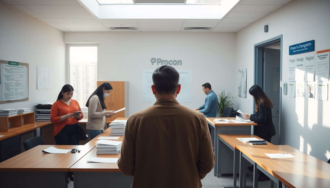 consumer protection office with citizens filing complaints in editorial style