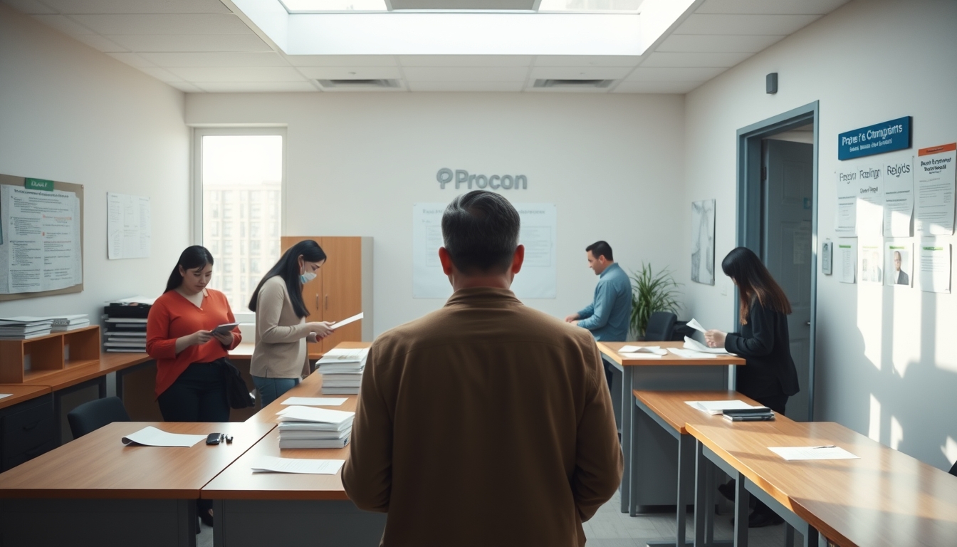 Procon office with citizens filing complaints em estilo editorial