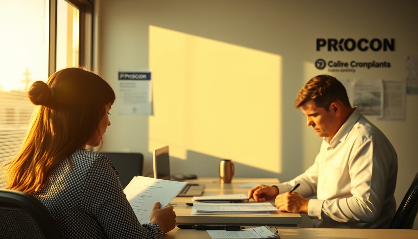 Procon office with citizens filing complaints em estilo editorial