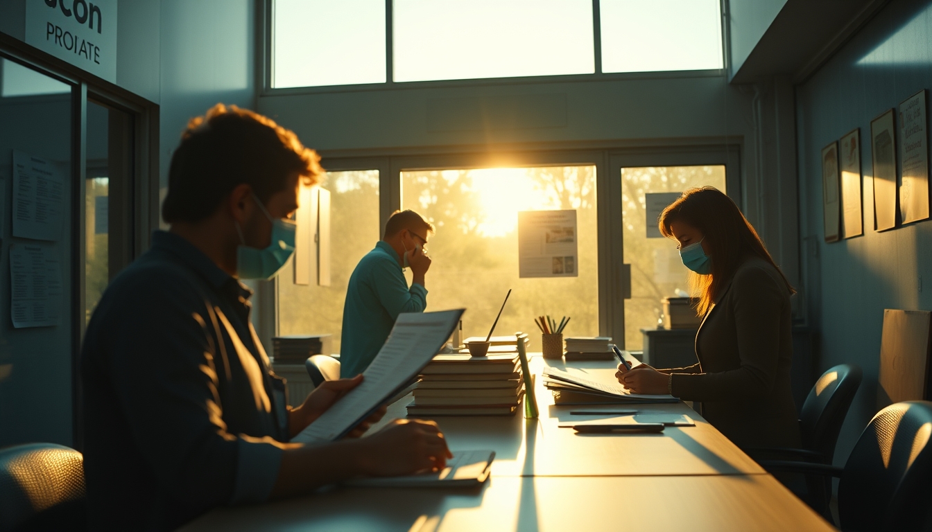 Procon office with citizens filing complaints em estilo editorial