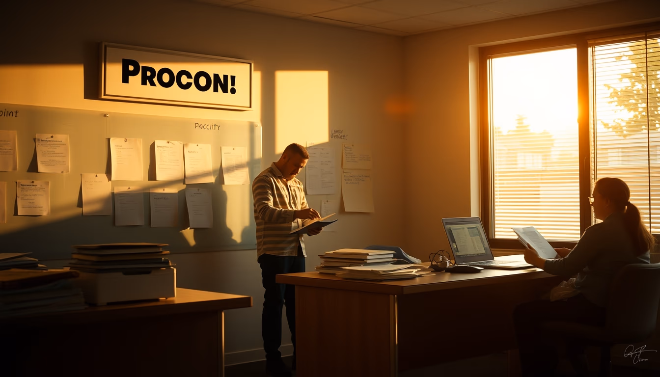 consumer protection office with citizens filing complaints in editorial style