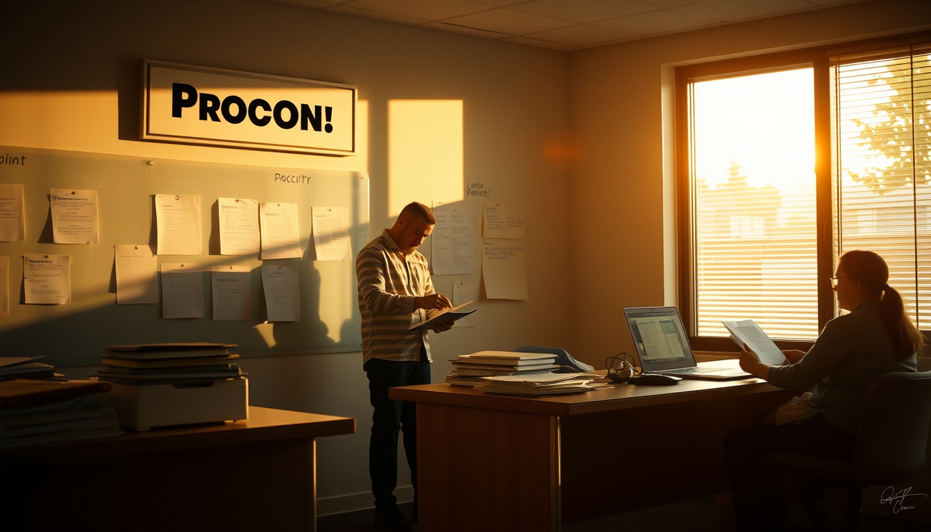 Procon office with citizens filing complaints em estilo editorial