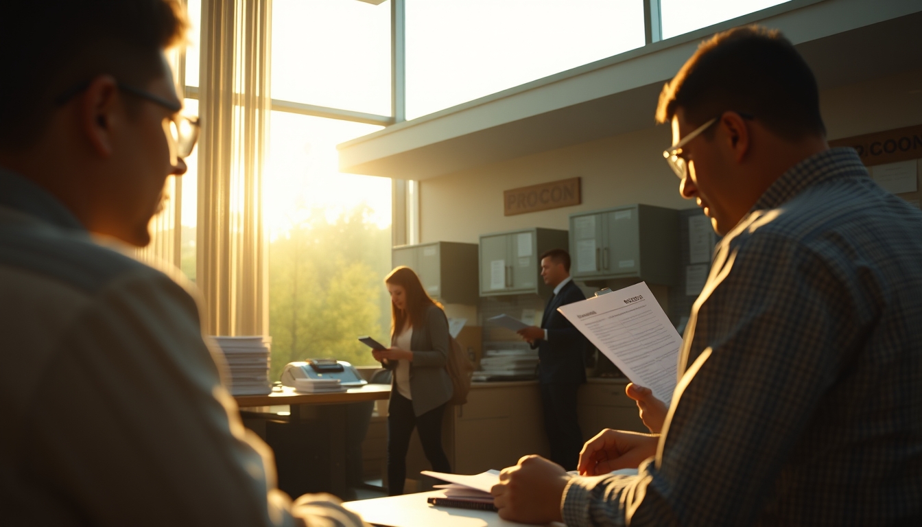 Procon office with citizens filing complaints em estilo editorial