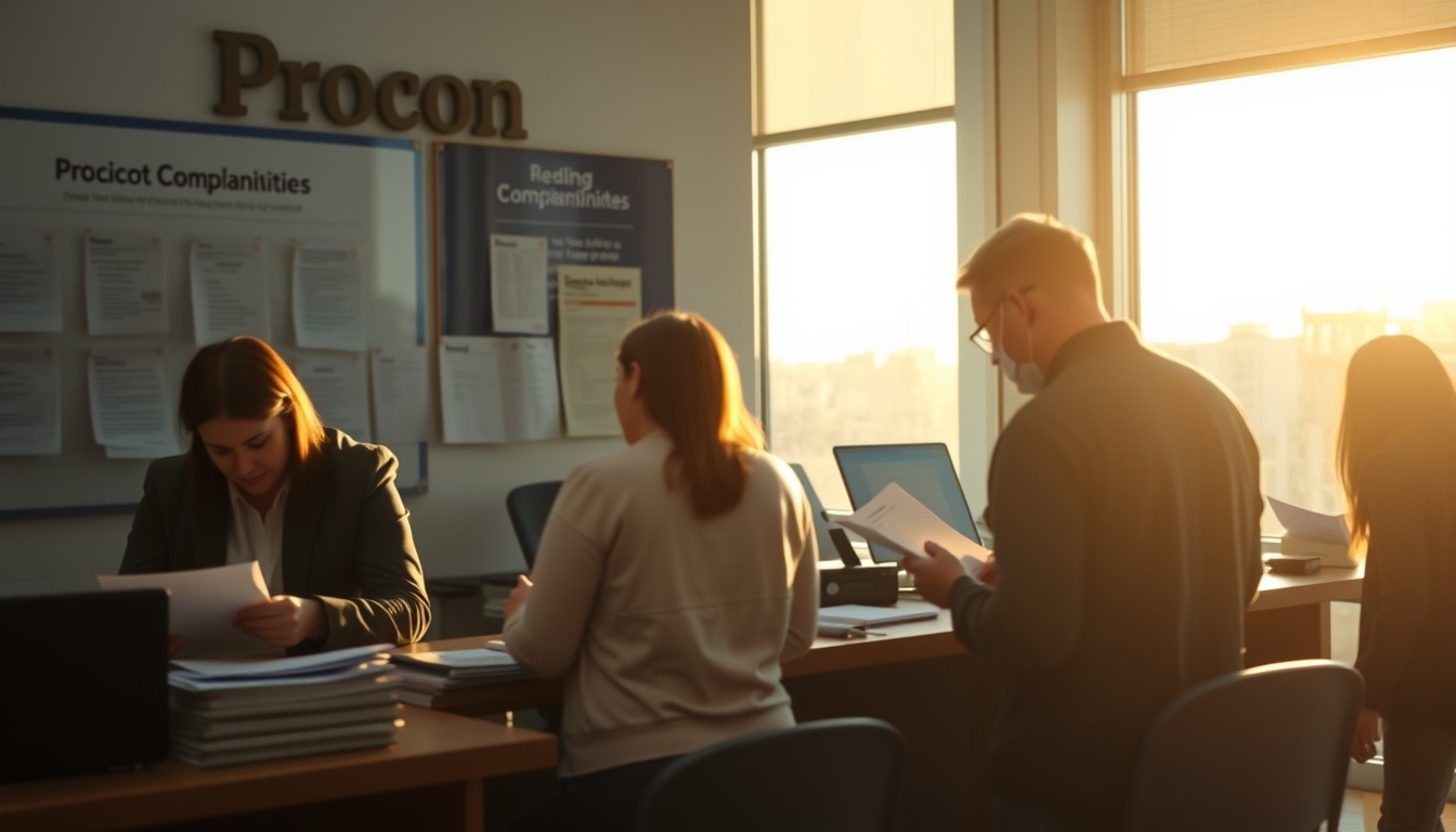 Procon office with citizens filing complaints em estilo editorial