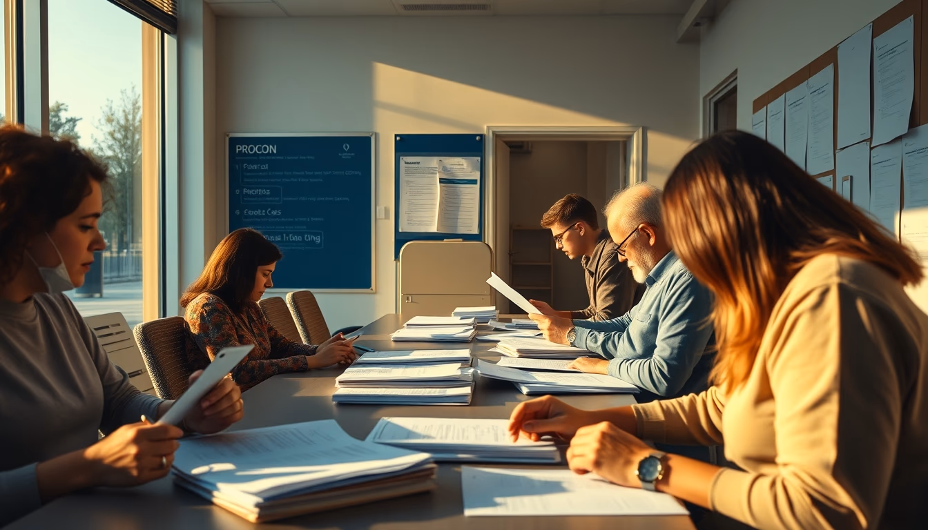 consumer protection office with citizens filing complaints in editorial style