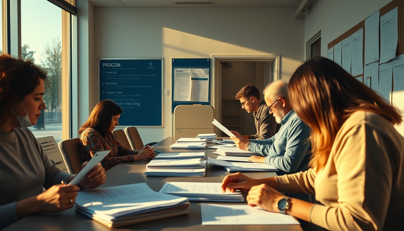 Procon office with citizens filing complaints em estilo editorial