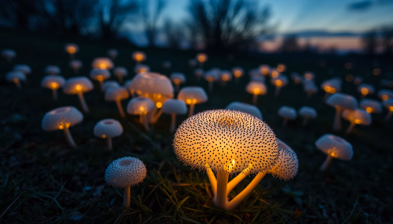 puffball spore release in editorial style