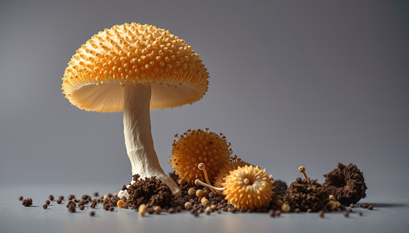 puffball spore release in editorial style