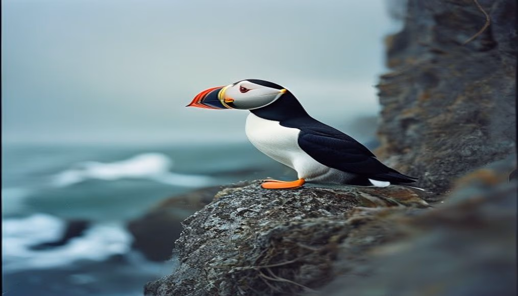 puffin nesting cliff in editorial style