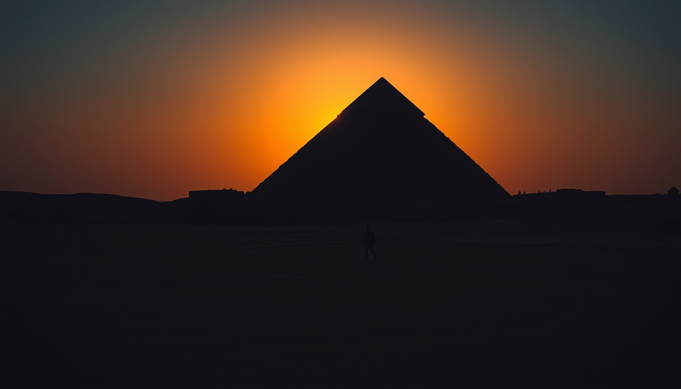 pyramid of giza sunset silhouette in editorial style