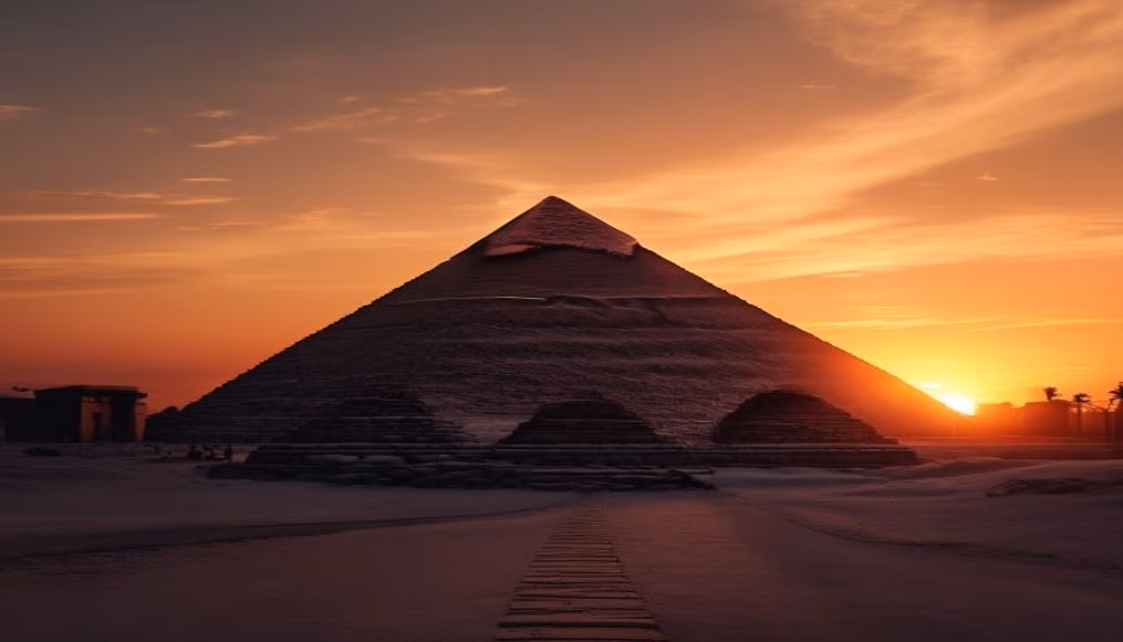 pyramid of giza sunset silhouette in editorial style
