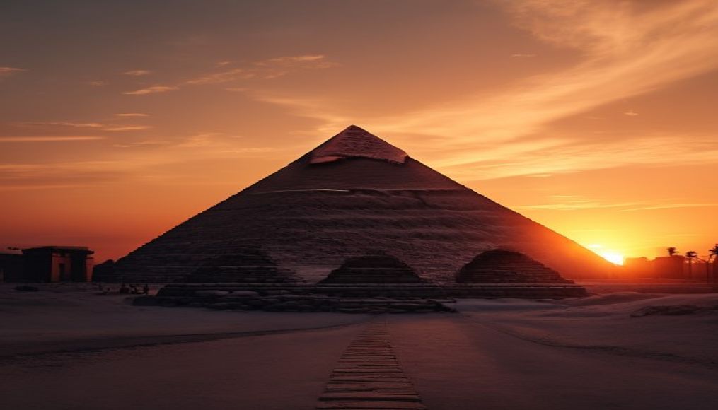 pyramid of giza sunset silhouette in editorial style