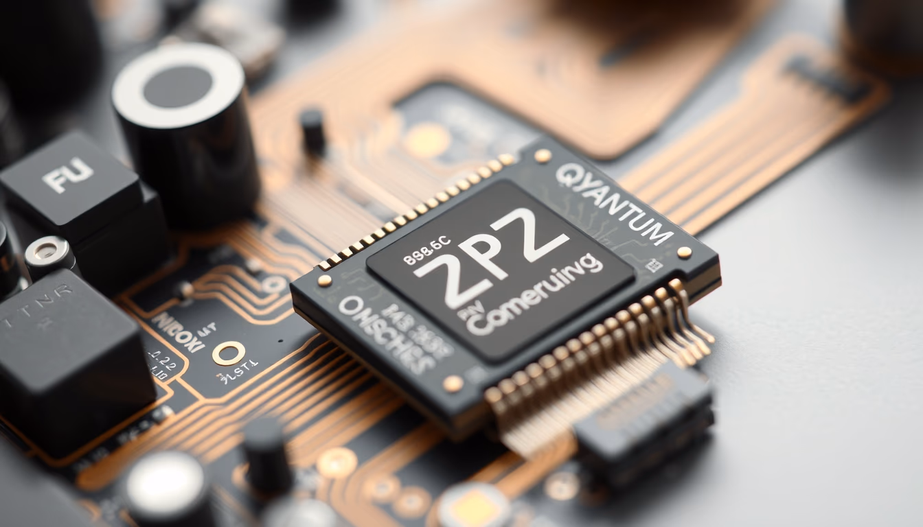 quantum computer chip detail in editorial style