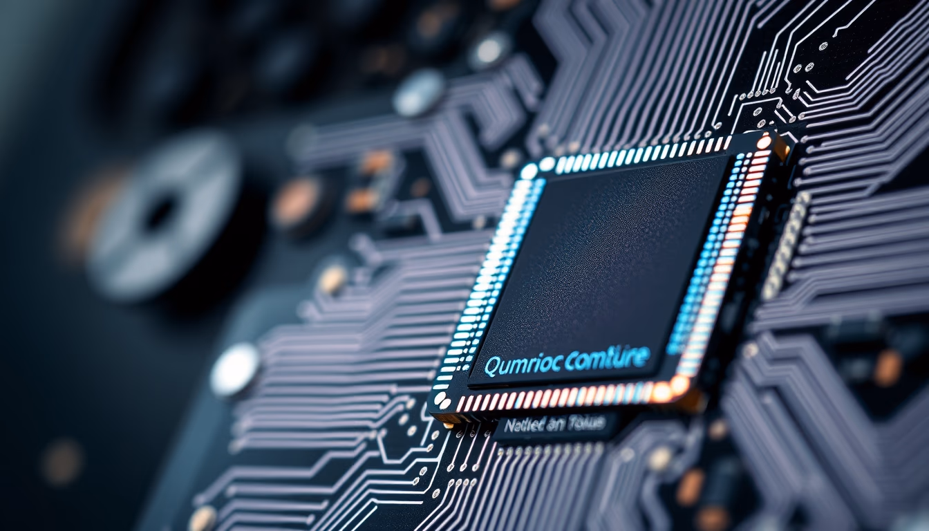 quantum computer chip detail in editorial style