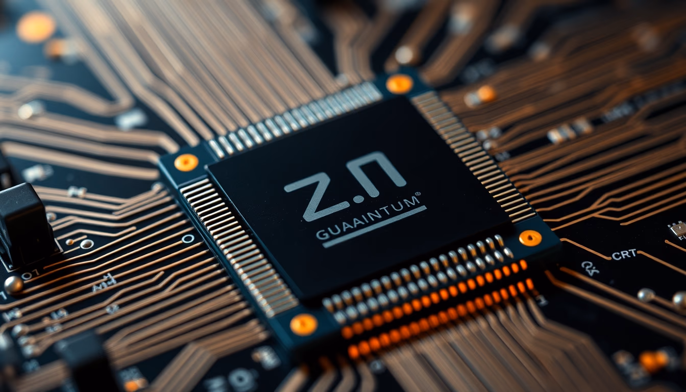 quantum computer chip detail in editorial style