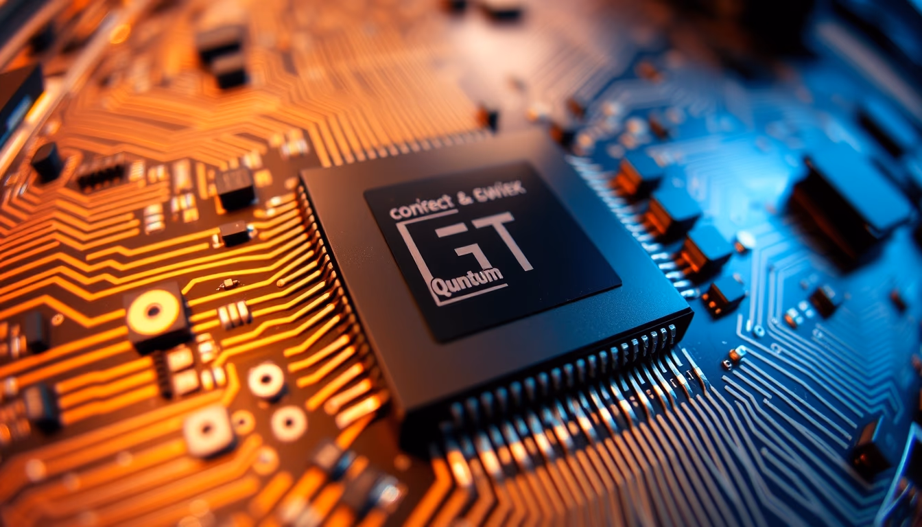 quantum computer chip detail in editorial style