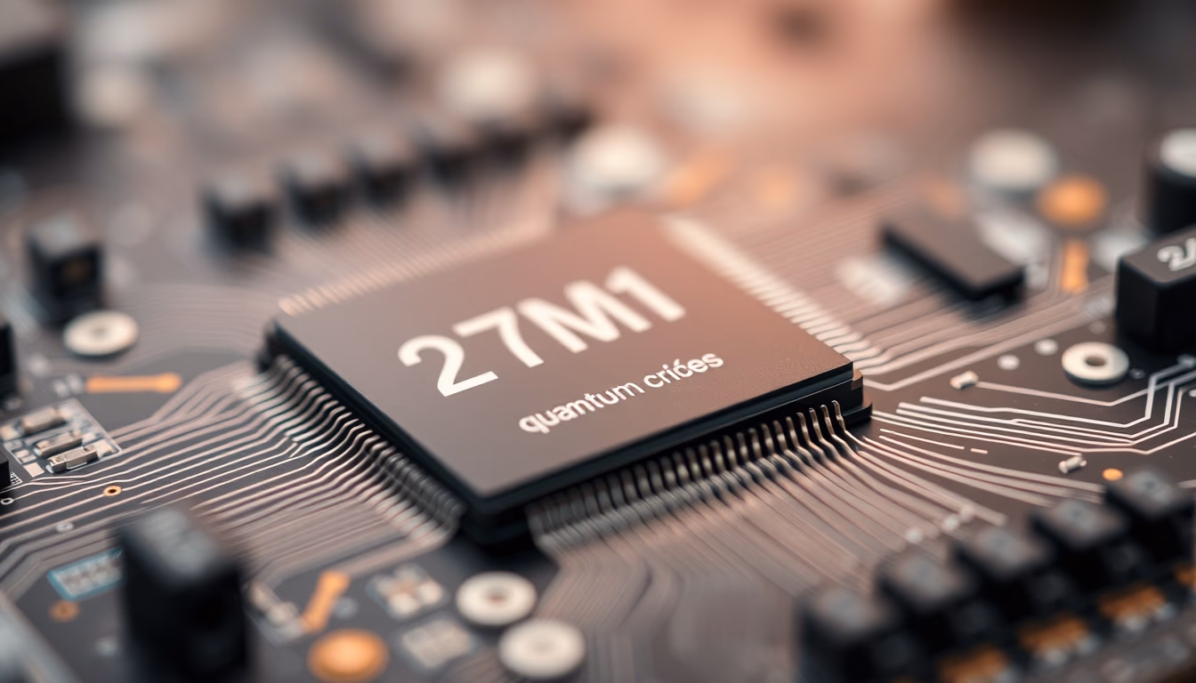 quantum computer chip detail in editorial style