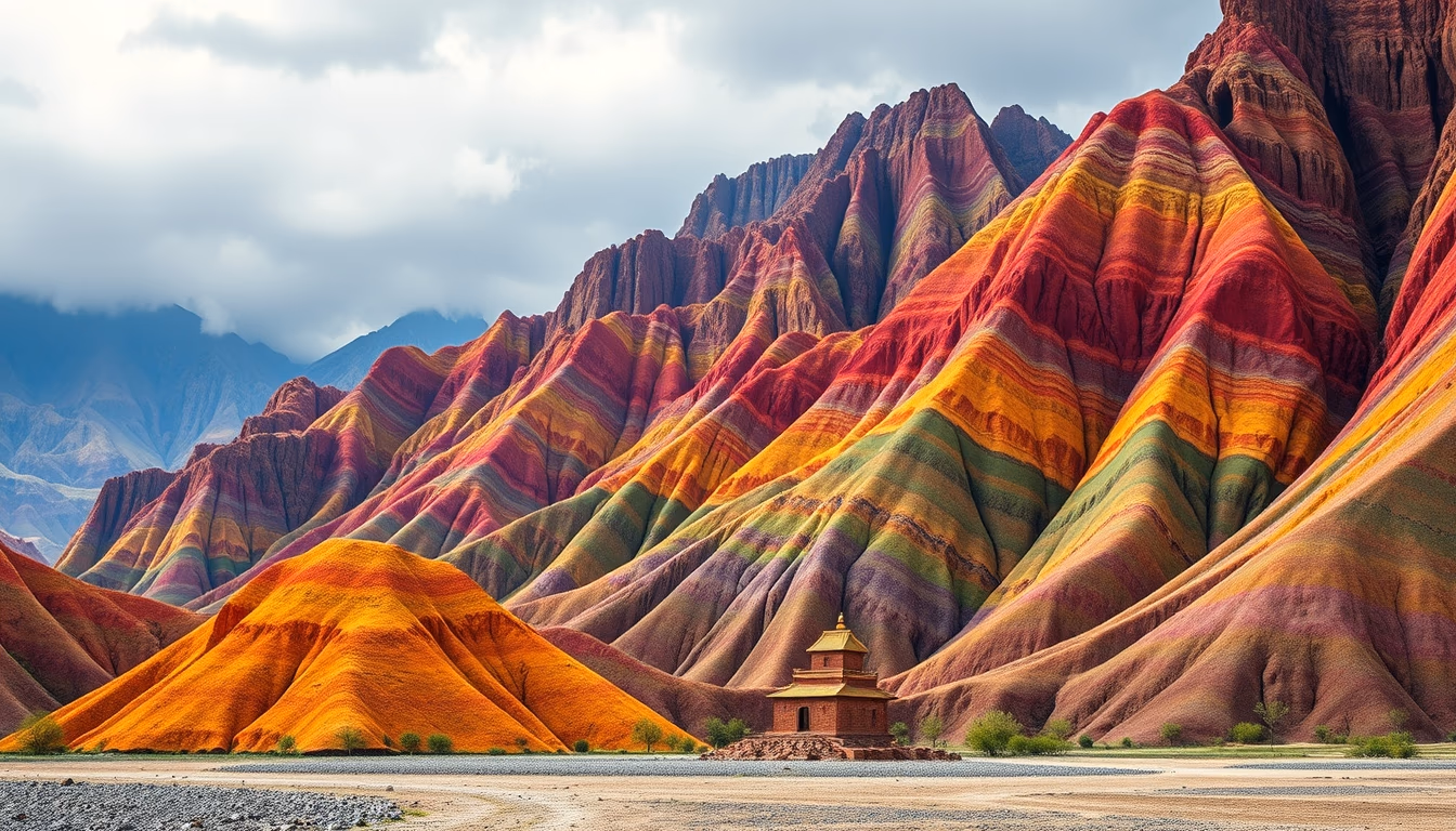rainbow mountains china in editorial style
