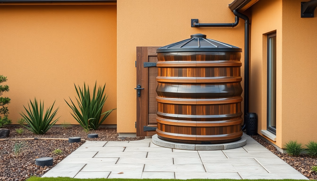 rainwater collection barrel in editorial style