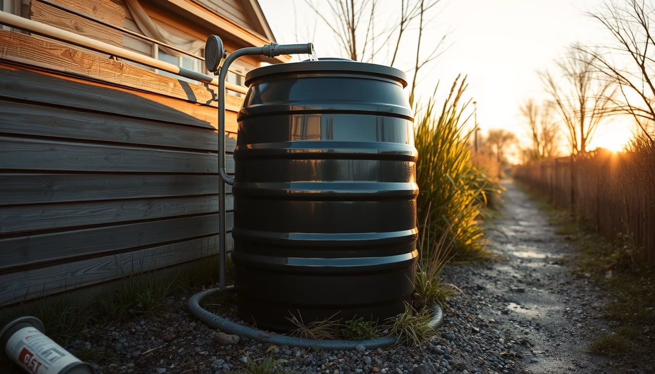 rainwater collection barrel in editorial style