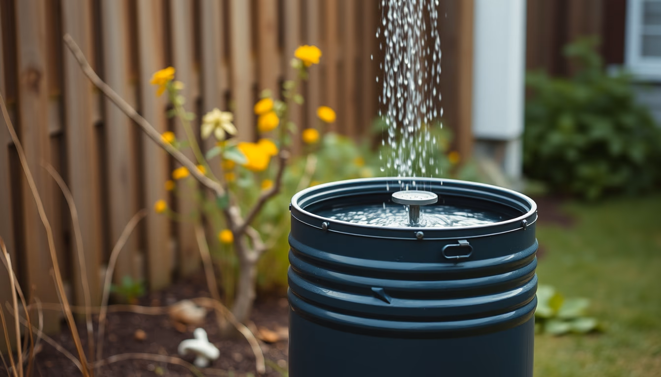 rainwater collection barrel in editorial style