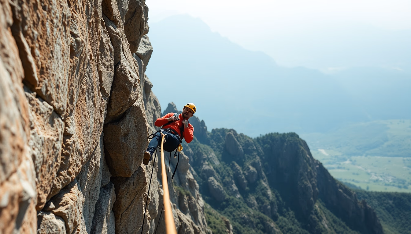 rappel rope cliff in editorial style