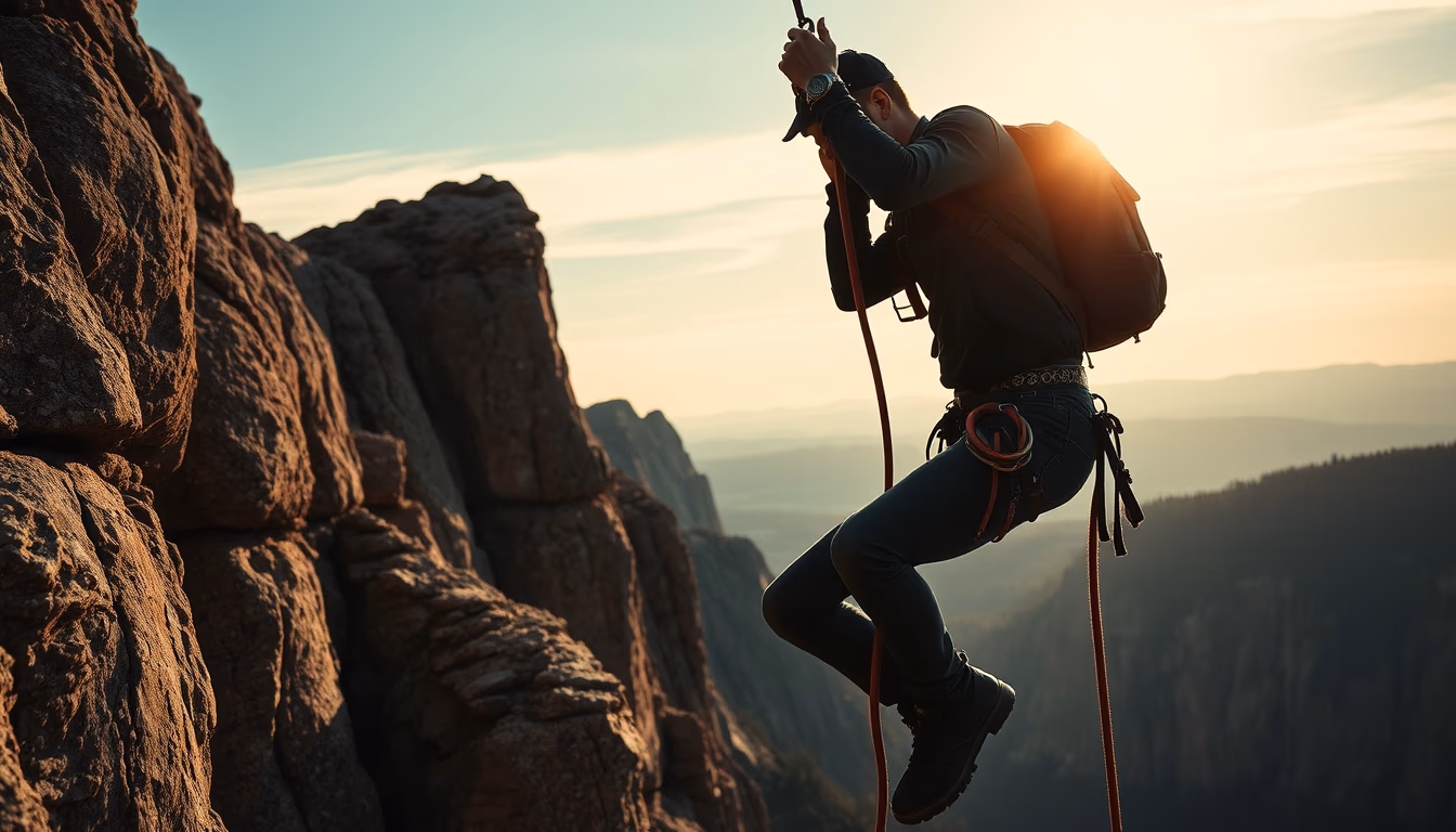 rappel rope cliff in editorial style