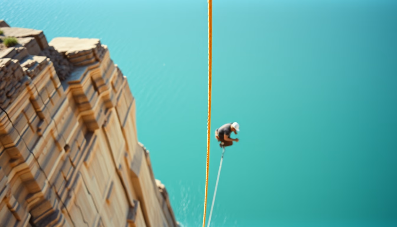 rappel rope cliff in editorial style