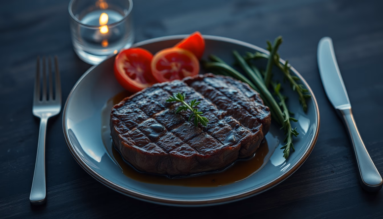 rare steak medium plate in editorial style