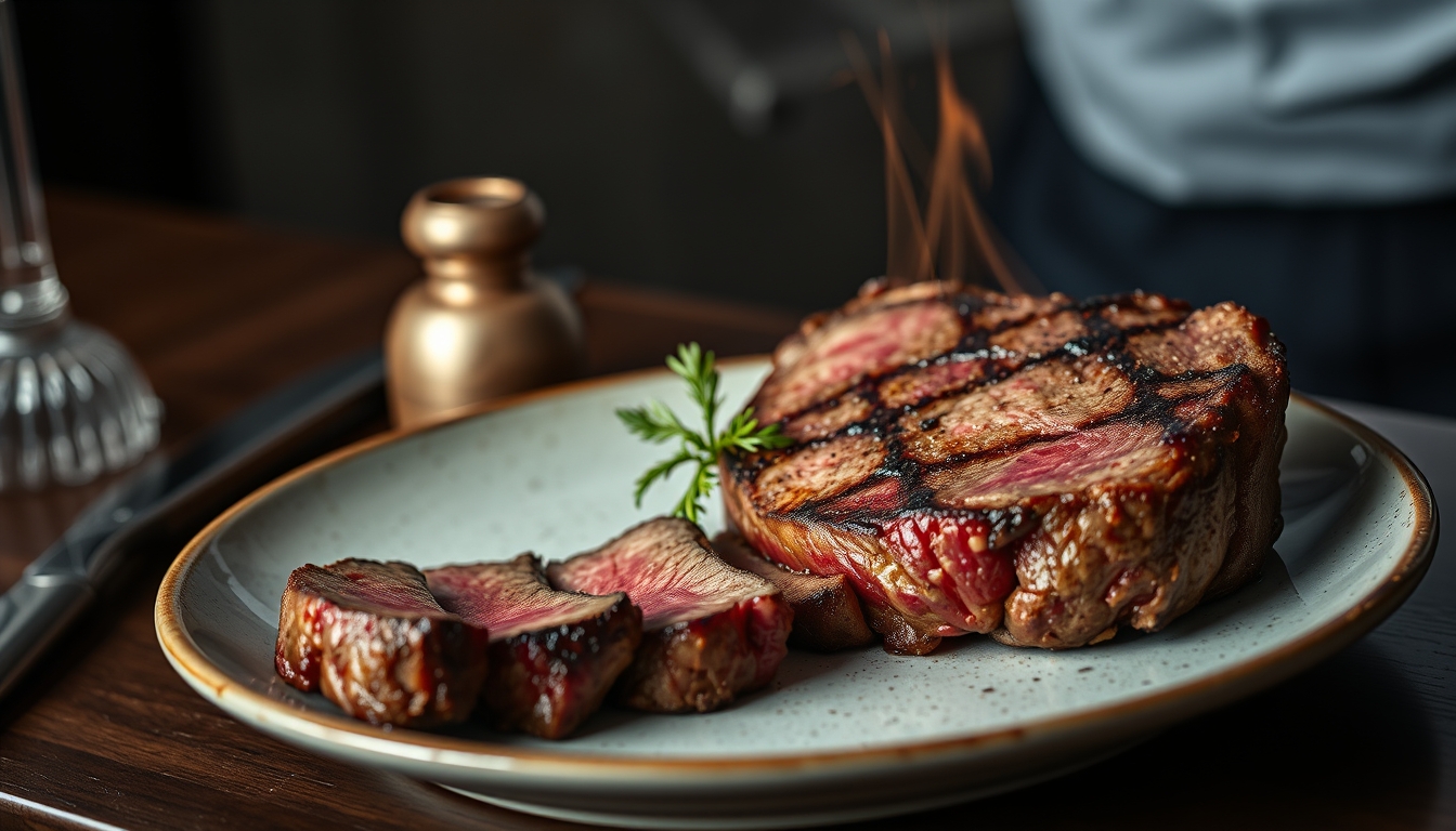 rare steak medium plate in editorial style