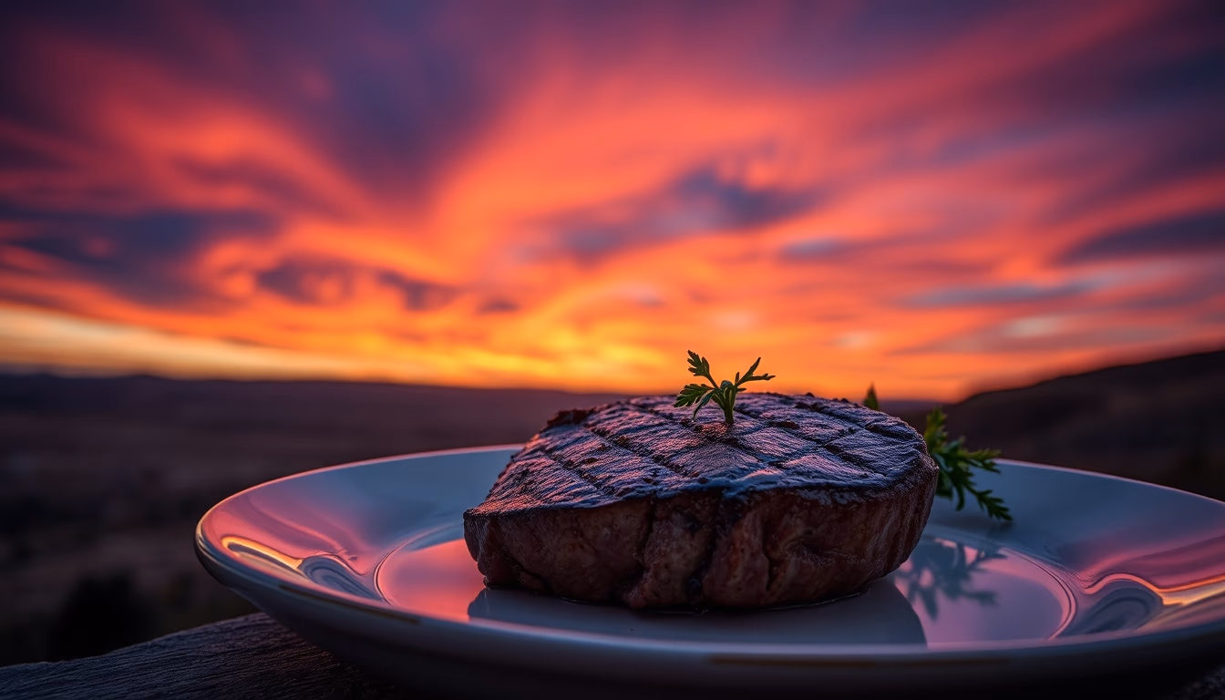 rare steak medium plate in editorial style