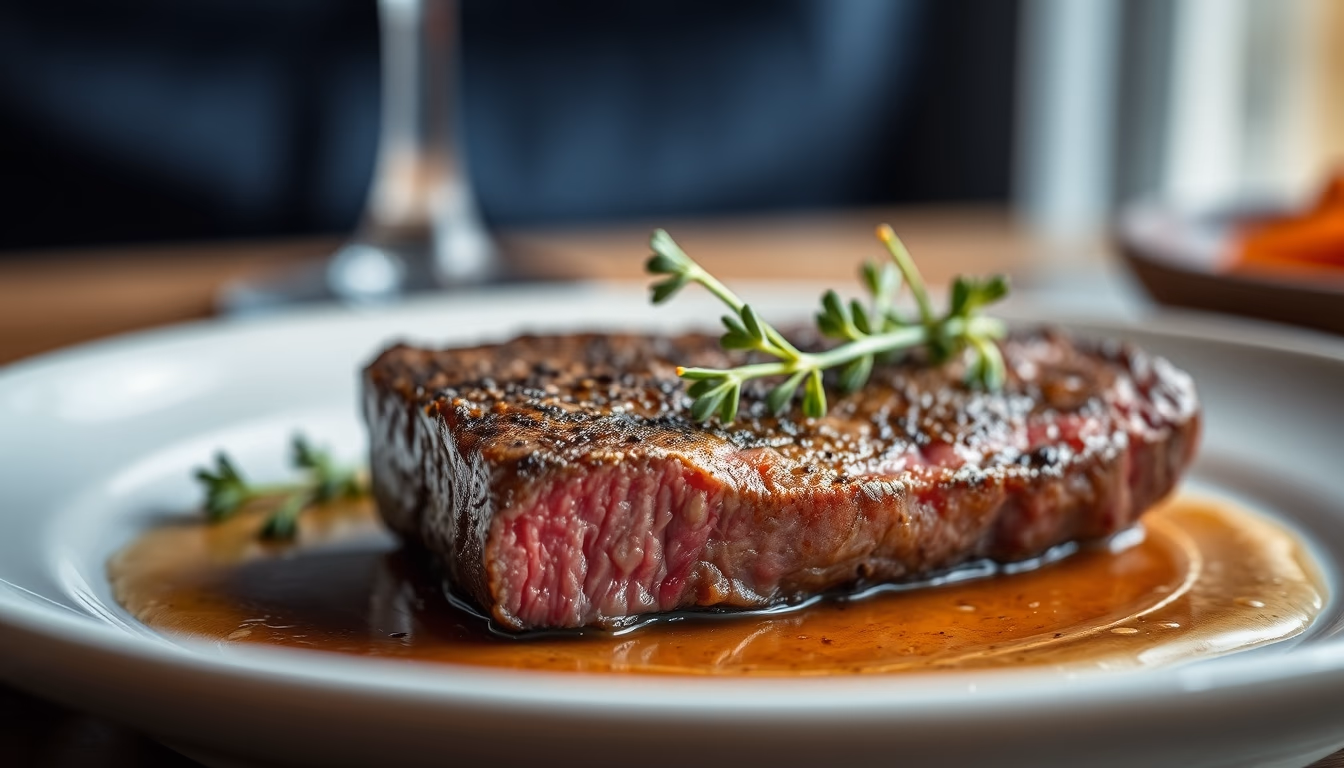 rare steak medium plate in editorial style