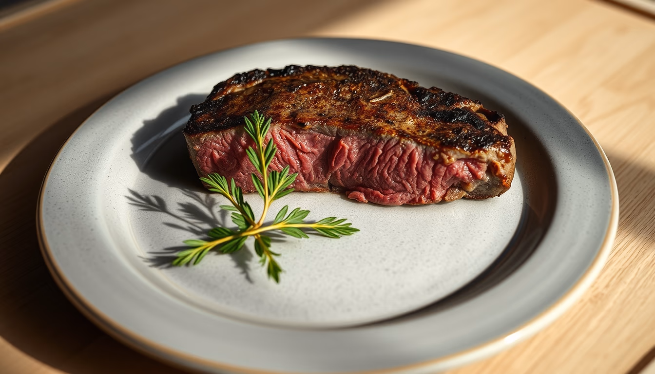 rare steak medium plate in editorial style