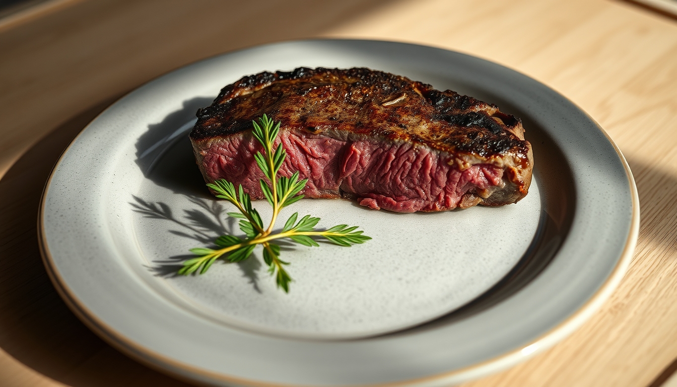 rare steak medium plate in editorial style