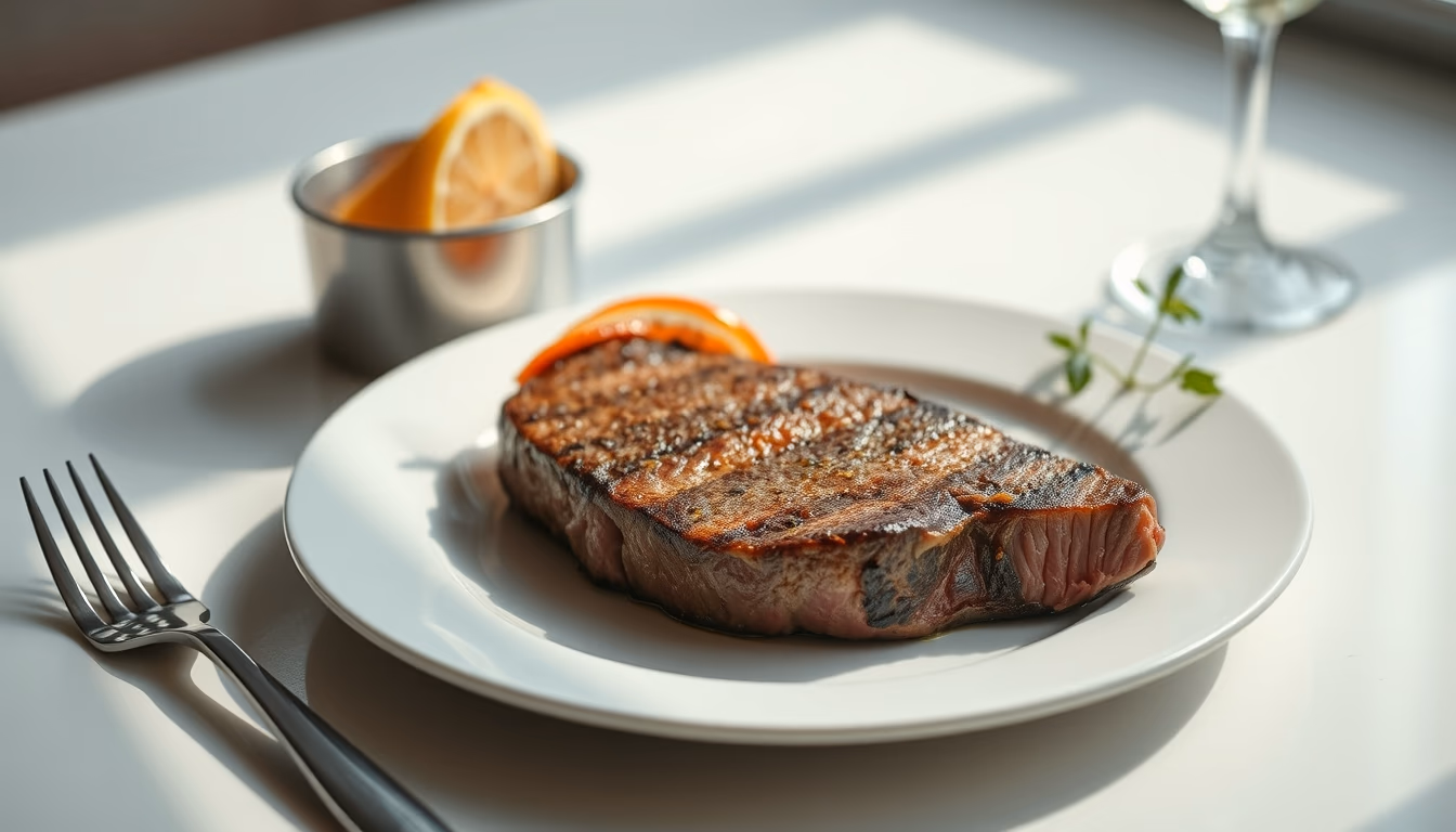 rare steak medium plate in editorial style