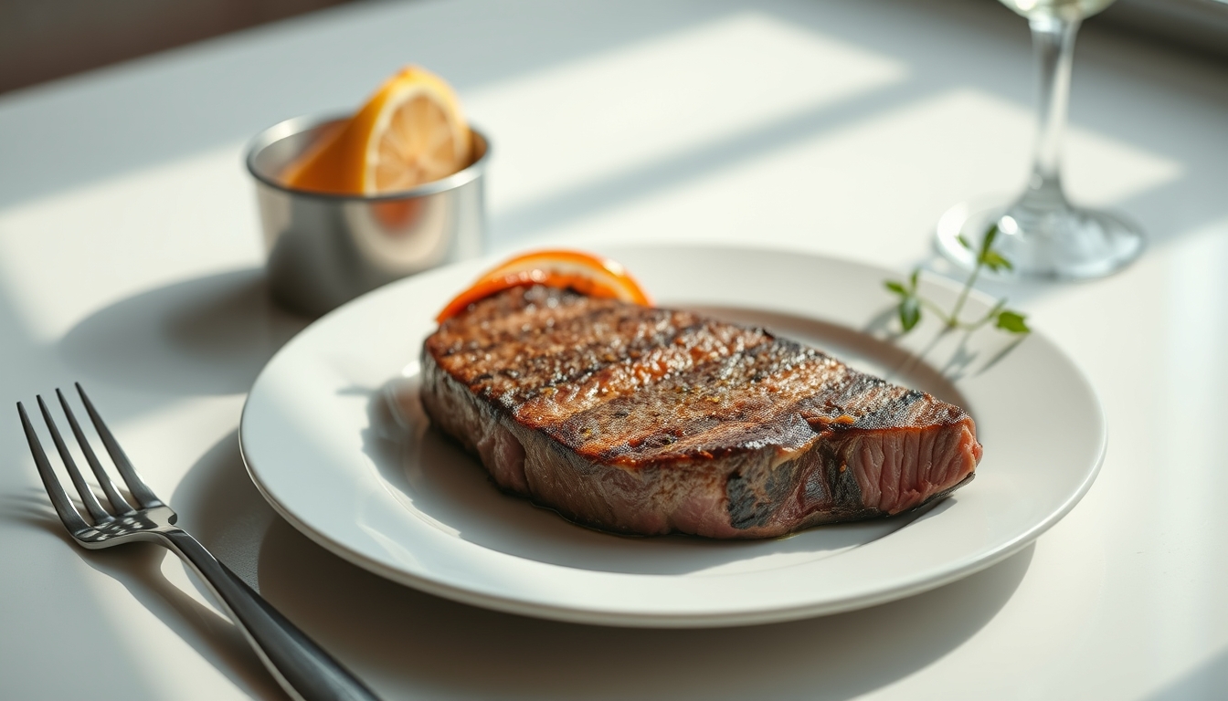 rare steak medium plate in editorial style