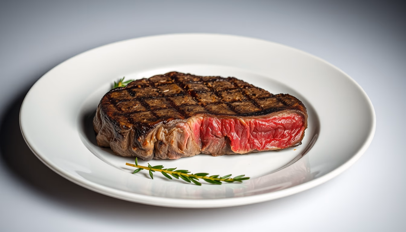rare steak medium plate in editorial style