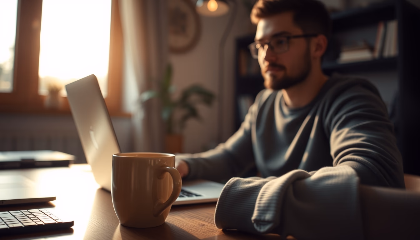 remote worker in home office with coffee and laptop in editorial style