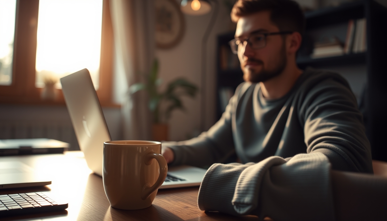 remote worker in home office with coffee and laptop in editorial style