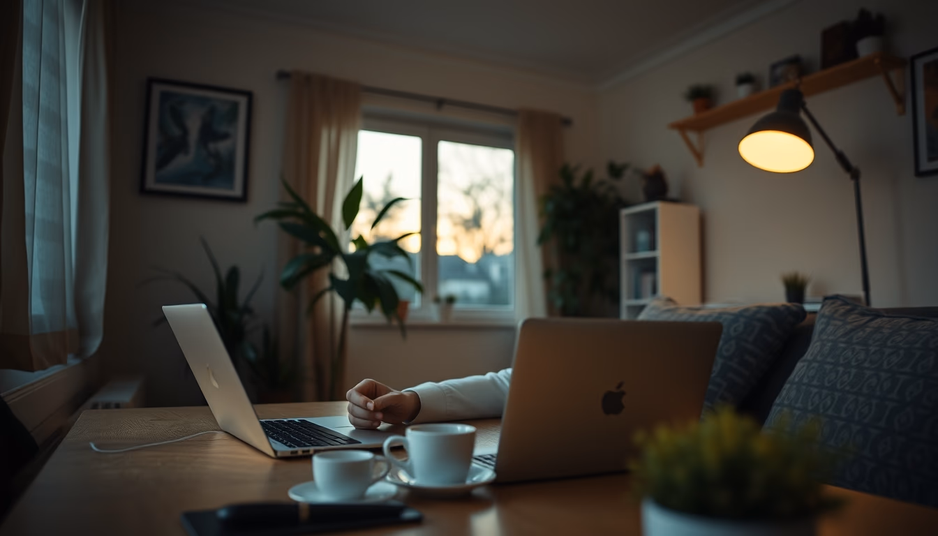 remote worker in home office with coffee and laptop in editorial style