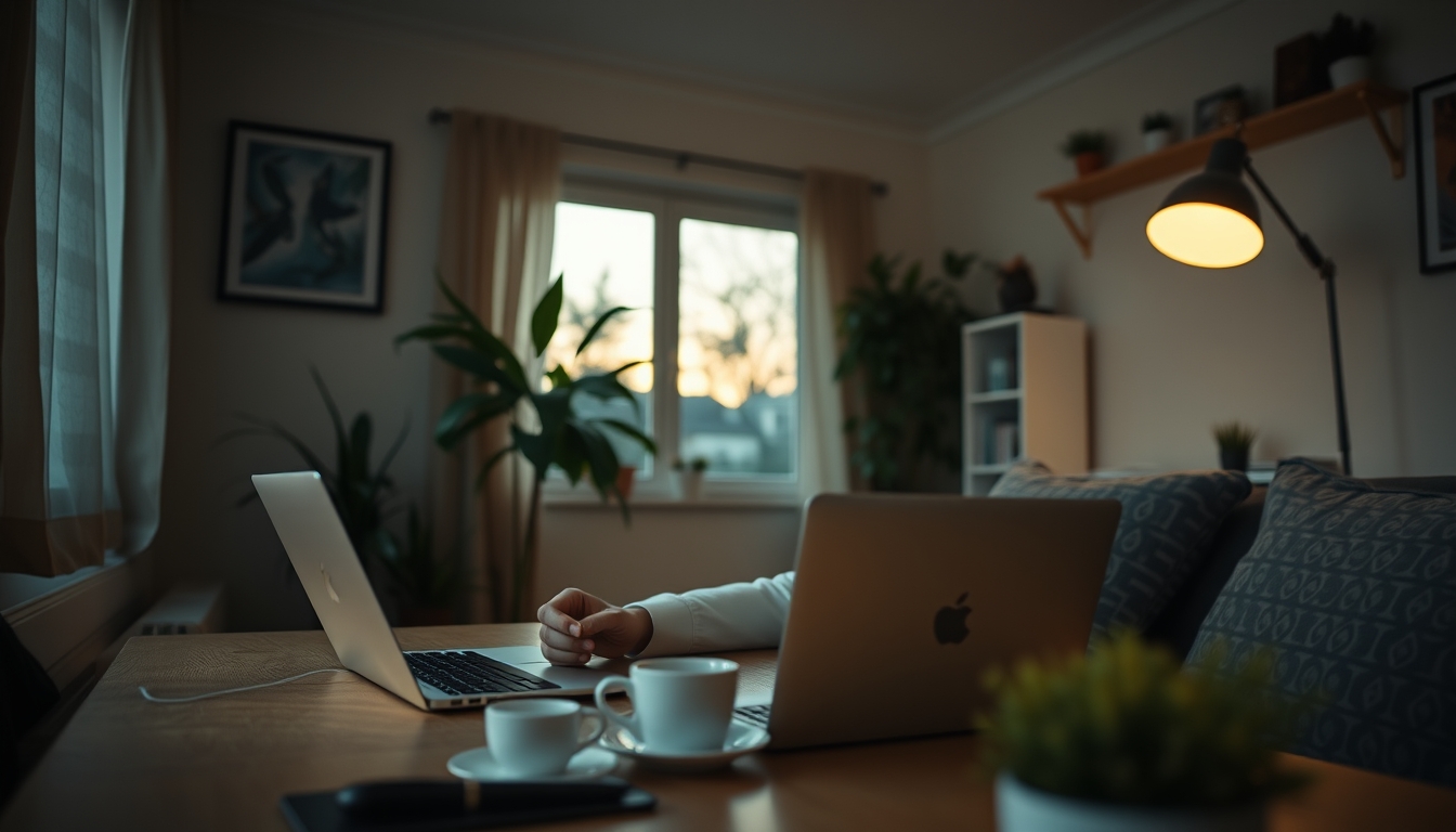 remote worker in home office with coffee and laptop in editorial style