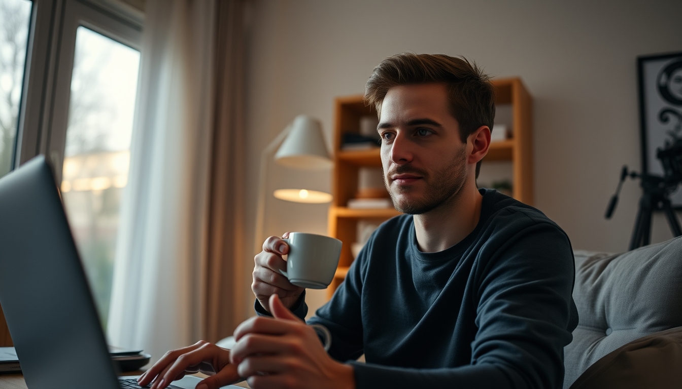 Trabalhador remoto em home office com café e notebook em estilo editorial