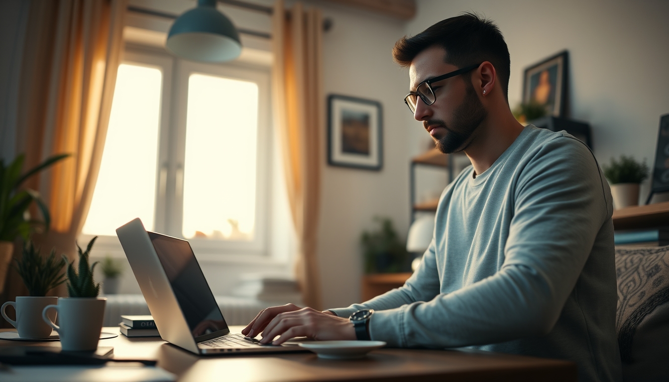 remote worker in home office with coffee and laptop in editorial style