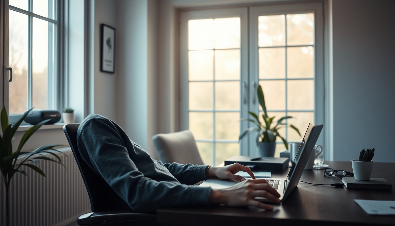 remote worker in home office with coffee and laptop in editorial style