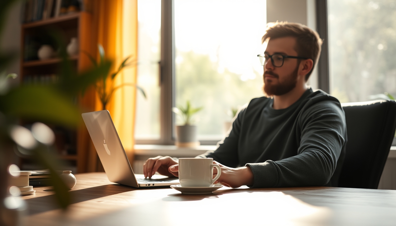 remote worker in home office with coffee and laptop in editorial style