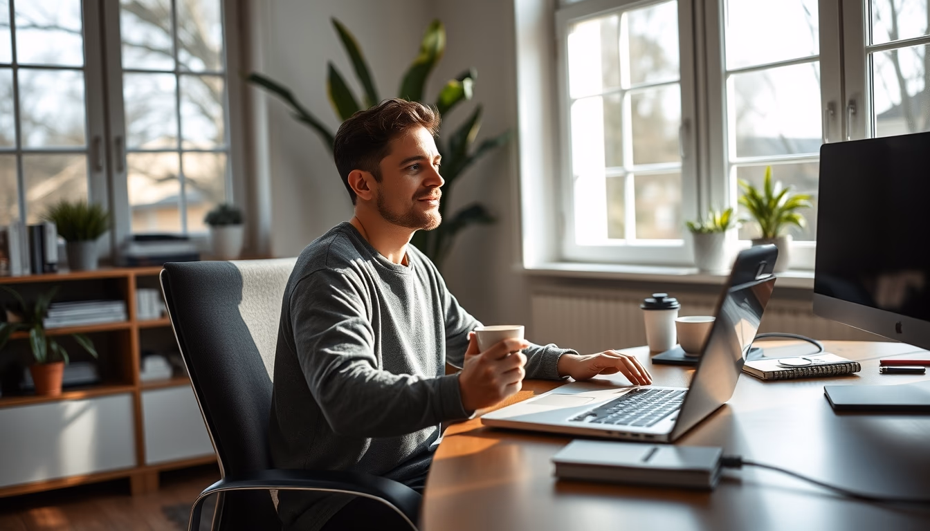 Trabalhador remoto em home office com café e notebook em estilo editorial