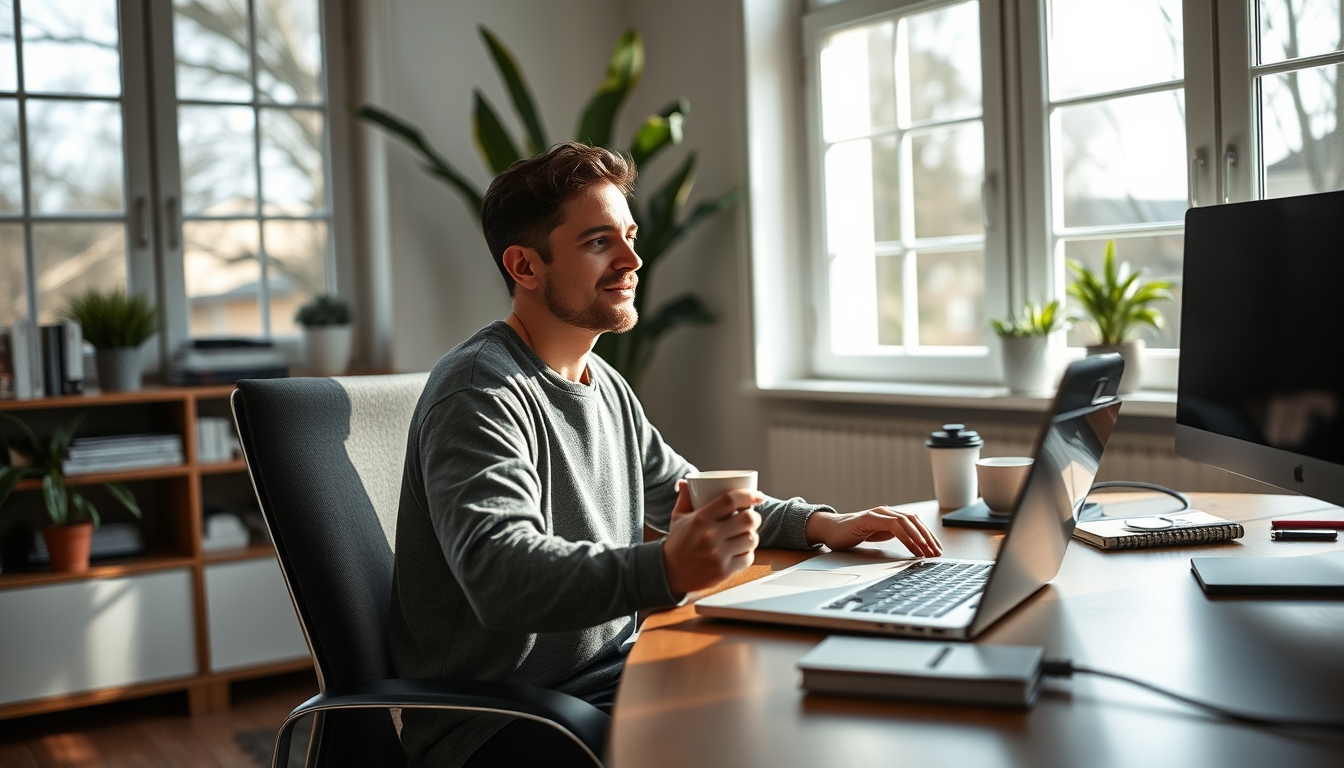 remote worker in home office with coffee and laptop in editorial style