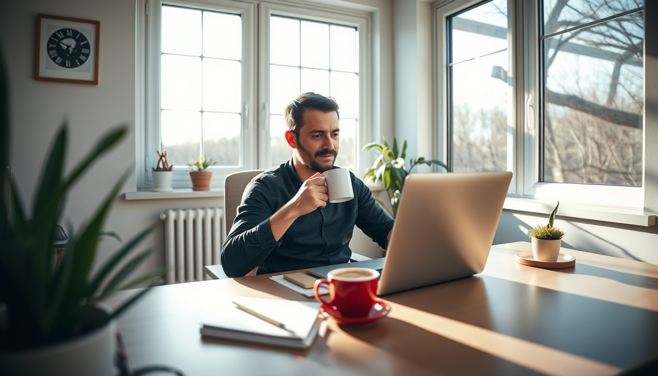 remote worker in home office with coffee and laptop in editorial style